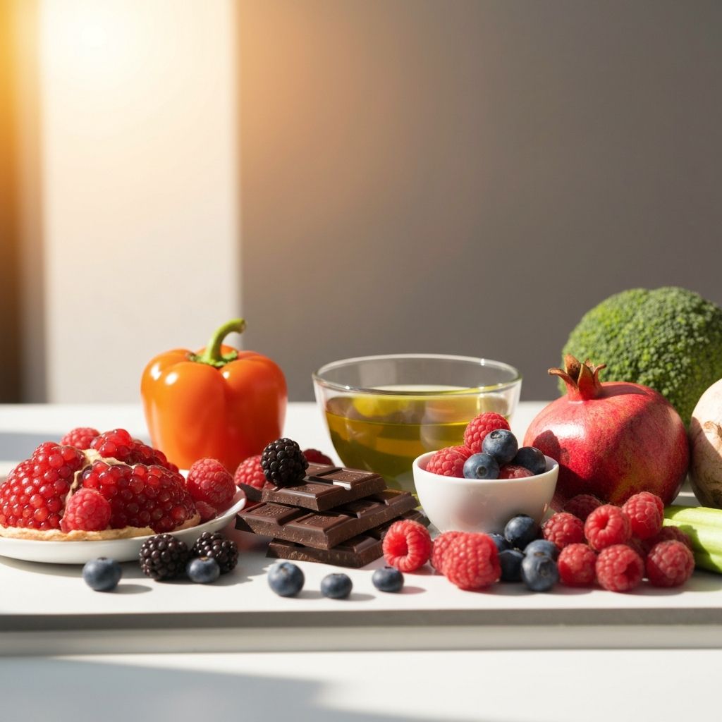 Antioxidant-rich foods: berries, dark chocolate, green tea, colorful vegetables