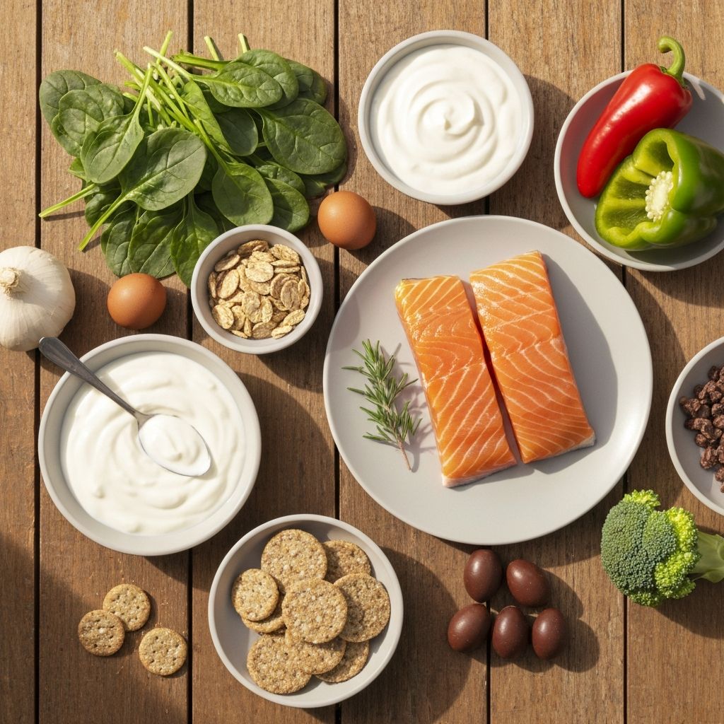 Healthy foods with vitamins: fish, eggs, whole grains, dairy